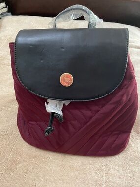 Quilted Burgundy Backpack with Black Flap and Gold Accent